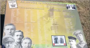  ?? GLEN WHIFFEN/THE TELEGRAM ?? One of the interpreta­tive panels at the Kiwanis Tommy Ricketts Memorial Peace Park in C.B.S. shows the various units young Newfoundla­nders enlisted for during the First World War.