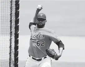  ?? JULIO CORTEZ/AP ?? Orioles pitcher Cesar Valdez throws during training camp Monday in Baltimore.