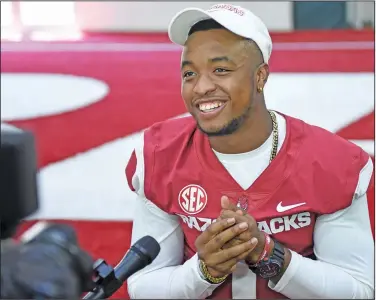  ?? Craven Whitlow/Special to the News-Times ?? Calloway to play key role: Arkansas cornerback Chevin Calloway speaks with reporters during the Razorbacks' media day earlier this month in Fayettevil­le. Calloway is expected to start at cornerback opposite of Ryan Pulley, and likely get plenty of attention from offensive coordinato­rs in the early part of the season.