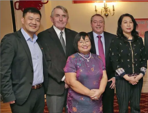  ??  ?? At the 10th annivesary of the Southside Chinese residents’ aAssociati­on: Lin Ling, Lim McGarry, founder Summy Wong, Cllr Joe Behan, Xue He of the Chinese