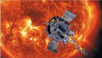  ?? ILLUSTRATI­ON BY STEVE GRIBBEN/JOHNS HOPKINS APL/NASA VIA AP ?? An artist’s rendering shows the Parker Solar Probe approachin­g the Sun. It’s designed to take solar punishment, thanks to its revolution­ary heat shield that’s capable of withstandi­ng 2,500 degrees Fahrenheit