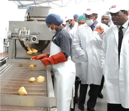  ??  ?? Vice President Emmerson Mnangagwa (second from right), Minister of Industry and Commerce Mike Bimha and other delegates tour Hanawa Super Food’s potato crisp processing plant in Harare yesterday