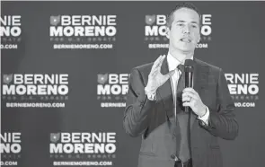  ?? SAM GREENE/THE ENQUIRER ?? Republican Bernie Moreno announces his U.S. Senate campaign at the Little Miami Brewing Company in Milford on April 18, 2023.