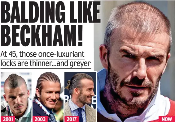  ??  ?? Hair apparent: David Beckham has sported styles including a mohican, cornrows and man bun but this week looked thin on top