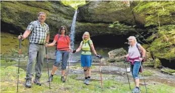  ?? FOTO: MARKUS WEBER ?? Ein Teil der „Fit bis 100“-Gruppe bei der Erlebniswa­nderung an den Wasserfäll­en bei Scheidegg.