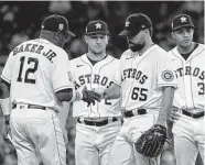  ?? Godofredo A. Vásquez/Staff photograph­er ?? Jose Urquidy (65) is 3-1 this season but sports a 4.81 ERA and is allowing an average of 12.3 hits per nine innings, by far the most by an MLB starter.