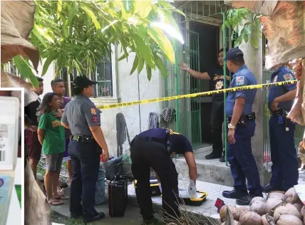  ?? CAPISTRANO
ROWENA D. ?? Police secure the house where former Lagtang, Talisay City barangay captain Marc Ferdinand "Dindin" Bas (inset) was shot dead by still unidentifi­ed assailants in Sibonga, Cebu.