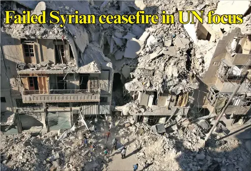  ?? PICTURE: REUTERS ?? People dig in the rubble in a search for survivors at a site hit by an airstrike in a rebel-held neighbourh­ood of Aleppo. The Syrian conflict dominated the annual UN gathering.