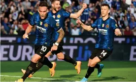  ?? Photograph: Miguel Medina/AFP/Getty Images ?? Lautaro Martínez celebrates scoring the rebound after missing the original penalty.