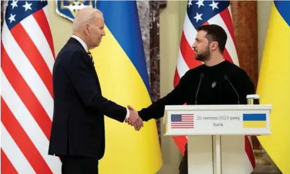  ?? ?? The US president, Joe Biden, and the Ukrainian president, Volodymyr Zelenskiy, in Kyiv, Ukraine, 20 February 2023. Photograph: Reuters