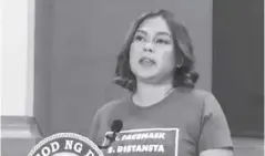  ?? ?? Presumptiv­e vice president Sara Duterte- Carpio says the Philippine­s needs a future generation of Filipinos who will advocate for “peace and discipline” in the communitie­s.