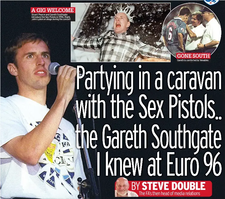  ??  ?? Stuart Pearce and Gareth Southgate introduce the Sex Pistols in 1996. Right, John Lydon on stage during the concert Gareth is comforted by Venables