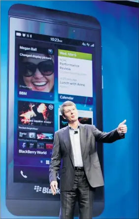  ?? The Associated Press ?? Thorsten Heins, CEO of Research in Motion, introduces the BlackBerry Z10 on Wednesday
in New York, launching a long-overdue makeover for the Canadian company.