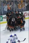  ?? GINA FERAZZI, TNS ?? The Anaheim Ducks celebrate their 2-1 win against the Edmonton Oilers to advance to the Western Conference Final.