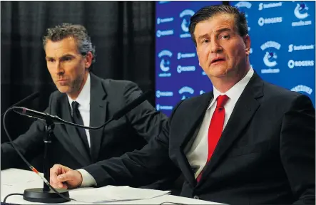 ?? JASON PAYNE/PNG FILES ?? All signs point to Canucks general manager Jim Benning, right, shown with team president Trevor Linden, planning on keeping things old-school when it comes to his picks for the NHL draft.