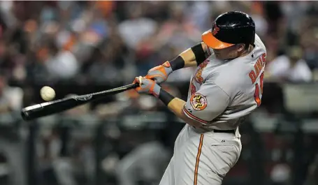  ?? NORM HALL/GETTY IMAGES ?? Chris Davis of the Baltimore Orioles breaks his bat during a recent game against the Arizona Diamondbac­ks. He may be breaking something else soon.