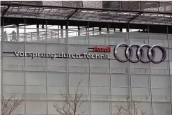  ?? —AP ?? In this March 15, 2017 file photo, the four-ring logo of German car producer Audi is photograph­ed at the headquarte­rs after the annual press conference in Ingolstadt, Germany.