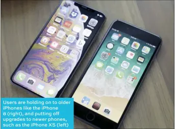  ??  ?? Users are holding on to older iPhones like the iPhone 8 (right), and putting off upgrades to newer phones, such as the iPhone XS (left)