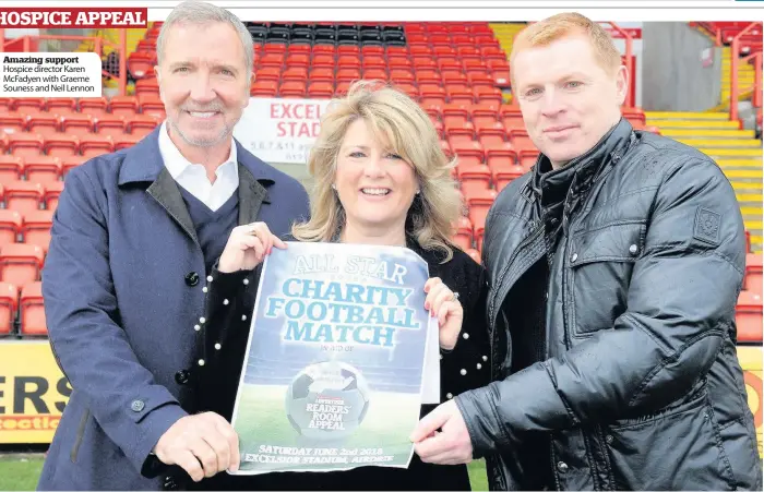  ??  ?? Amazing support Hospice director Karen McFadyen with Graeme Souness and Neil Lennon