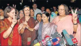  ?? PTI FILE ?? In this 2010 file photo, (from right) Najma Heptullah, Sushma Swaraj with CPI(M)’s Brinda Karat celebrate the passing of the Women's Reservatio­n Bill in Rajya Sabha. The bill, which seeks to reserve 33% of all seats in the governing bodies for women,...