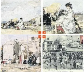  ??  ?? 1 Scène de vie balnéaire à Trouville. 2 Au coeur de la compositio­n, une belle dame d'un autre âge. 3 L'ancêtre de nos cabanes de plage… 4 La mode des bains de mer perdura jusqu'à la Belle Époque.