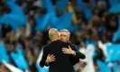  ?? Photograph: Tom Jenkins/The Guardian ?? Carlo Ancelotti embraces Pep Guardiola after the chastening defeat at Manchester City.