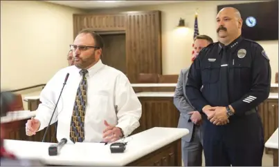  ??  ?? Imperial Unified School District Superinten­dent Bryan Thomason speaks during a press conference Tuesday afternoon at the city of Imperial Council Chambers regarding a school threat made at Imperial High School. VINCENT OSUNA PHOTO