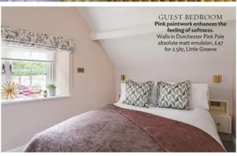  ??  ?? GUEST BEDROOM
Pink paintwork enhances the feeling of softness. Walls in Dorchester Pink Pale absolute matt emulsion, £47 for 2.5ltr, Little Greene