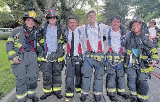  ?? Port Jefferson Fire Department ?? Senior students at Port Jefferson High School who left their graduation early to put out a fire, are from left, Shane Hartig, Ryan Parmegiani, Peter Rizzo, Hunter Volpi, Andrew Patterson and Kasumi Layne-Stasik.