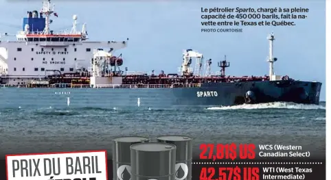  ??  ?? Le pétrolier Sparto, chargé à sa pleine capacité de 450 000 barils, fait la navette entre le Texas et le Québec.