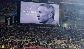  ?? PHOTO: GETTY IMAGES ?? Paul Green is remembered and honoured during a minute’s silence before the NRL match between the Brisbane Broncos and the Newcastle Knights at Suncorp Stadium on August 13.