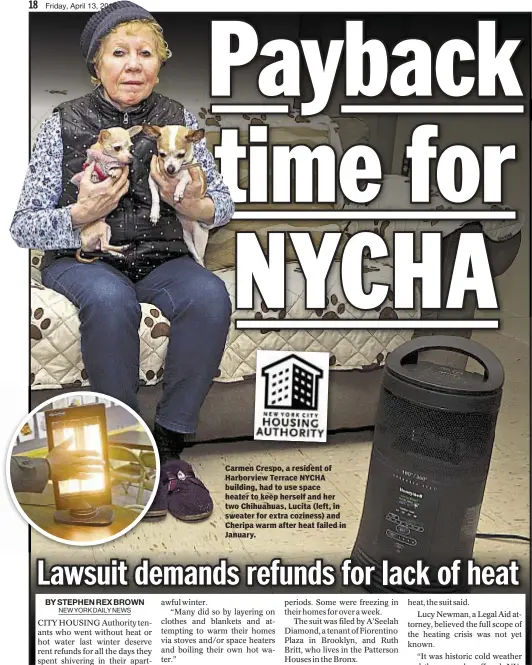  ??  ?? Carmen Crespo, a resident of Harborview Terrace NYCHA building, had to use space heater to keep herself and her two Chihuahuas, Lucita (left, in sweater for extra coziness) and Cheripa warm after heat failed in January.