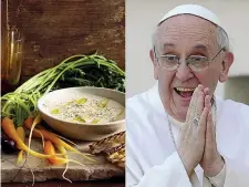  ??  ?? Il piatto Papa Bergoglio con uno dei suoi piatti preferiti, la bagna caoda: la ricetta è indicata nel libro «Mangiare da Dio» (Edizioni San Paolo)