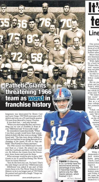  ?? AP; Paul J. Bereswill ?? YIKES! Eli Manning & Co. currently have the second-worst winning percentage of any team in franchise history, behind only the 1966 Giants (above), which finished 1-12-1.