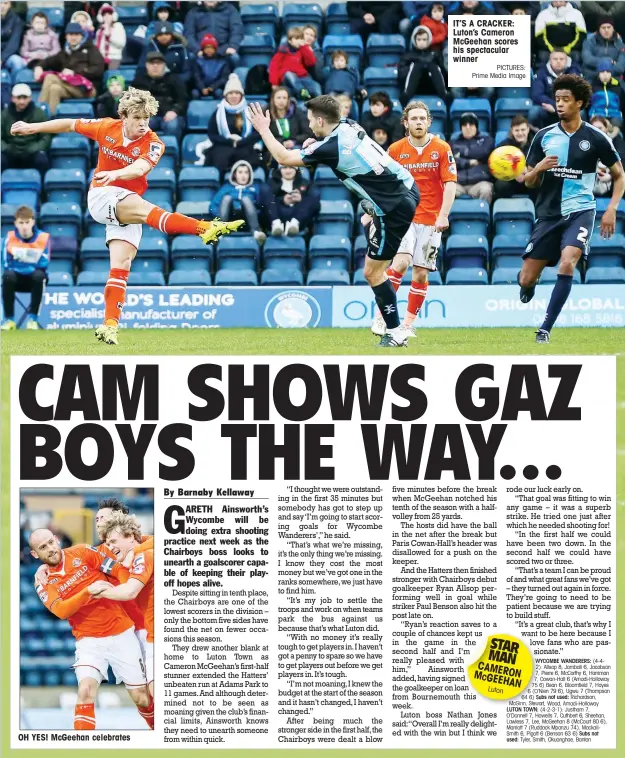  ?? PICTURES: Prime Media Image ?? OH YES! McGeehan celebrates IT’S A CRACKER: Luton’s Cameron McGeehan scores his spectacula­r winner