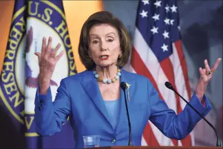  ?? J. Scott Applewhite / Associated Press ?? Speaker of the House Nancy Pelosi, D-Calif., speaks during a news conference at the Capitol on Tuesday.