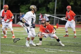  ?? AUSTIN HERTZOG - DIGITAL FIRST MEDIA ?? Spring-Ford’s Dan Cassidy (16) controls the ball as Perkiomen Valley’s Connor Donovan defends during Thursday’s game.