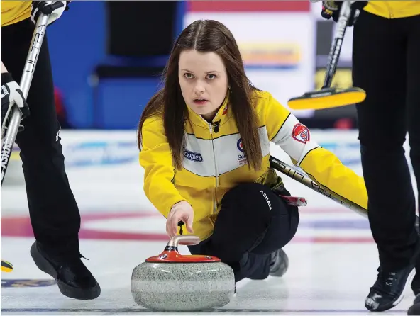  ?? ANDREW VAUGHAN/THE CANADIAN PRESS ?? Skip Tracy Fleury hails from Sudbury, Ont., but she’s leading the Manitoba rink at the Scotties Tournament of Hearts at Centre 200 in Sydney, N.S.