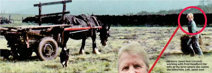  ??  ?? Mystery: Janet Holt (circled) working with Fred Handford (far left) at the farm where she claims she killed him. Left, Janet now