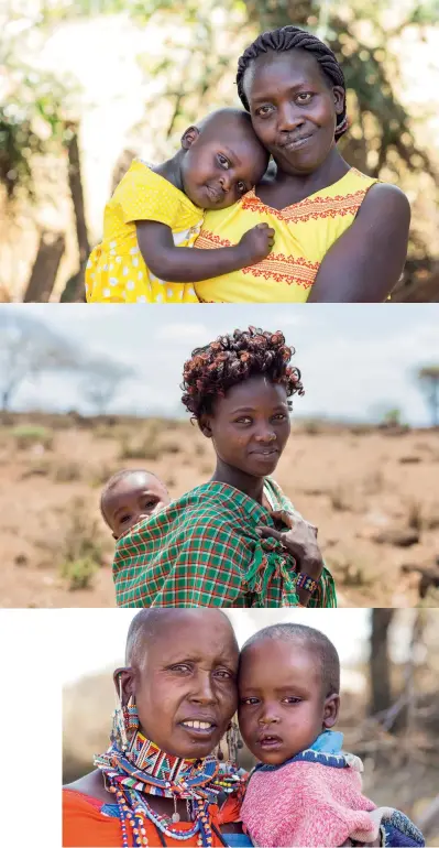  ??  ?? FROM TOP: Deformitie­s are intergener­ational – this mother and child, her brother and father all having cleft lips and palates; a young woman shows the characteri­stic branding of the Maasai, a circular burn on both cheeks, made with a crude wire branding iron – one cheek at age two, the other at age five; a Maasai mother with her child who had undergone a cleft- lip surgery funded by Smile Train. Stage two is palate repair.