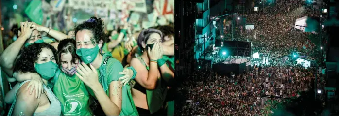  ?? —AFP photos ?? Pro-choice activists celebrate after the Senate approved a bill to legalise abortion outside the Congress in Buenos Aires.