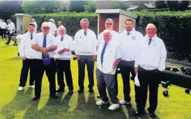  ??  ?? All white Gordon Cunningham, left, Ronnie Lewis ,Brian Gallagher, Alastair Robertson, John Coubrough at back, Willie Shepherd at front, Martin Robertson and Jim Murphy at Kirkhill’s August tournamen