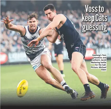  ?? ?? Geelong’s Tom Hawkins and Carlton’s Jacob Weitering battle for the ball. Picture: Michael Klein