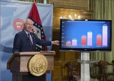  ?? Andrew DeMillo/Associated Press ?? Arkansas Gov. Asa Hutchinson stands next to a chart displaying COVID-19 hospitaliz­ation data as he speaks at a news conference at the Capitol in Little Rock on July 29.