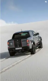  ?? ?? 01 Raptor’s uprated suspension and chunky footwear make it formidable when tackling dunes. 02 Digi-analogue instrument binnacle displays plenty of informatio­n clearly.
03 Ten-speed auto transmissi­on gels with the four-cyclinder turbodiese­l powerplant. 01