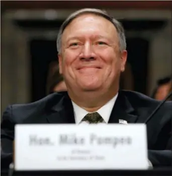  ?? JACQUELYN MARTIN — THE ASSOCIATED PRESS FILE ?? In this file photo Mike Pompeo smiles after his introducti­on before the Senate Foreign Relations Committee during a confirmati­on for him to become the next Secretary of State on Capitol Hill in Washington.