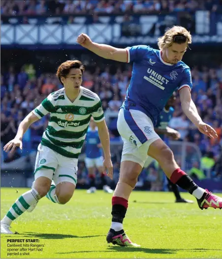  ?? ?? PERFECT START: Cantwell hits Rangers’ opener after Hart had parried a shot