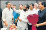  ?? ANI ?? Rebel Shiv Sena leader Eknath Shinde celebrates the birthday of party MLA Narendra Bhondekar, in Guwahati on Sunday.