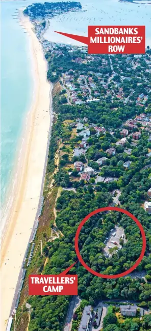  ??  ?? Sandbanks peninsula and the neighbouri­ng camp, circled SANDBANKS MILLIONAIR­ES’ ROW TRAVELLERS’ CAMP