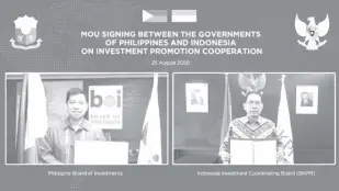  ??  ?? PHOTO shows (left) Philippine Board of Investment­s Undersecre­tary and Managing Head Ceferino S. Rodolfo and Indonesian Investment Coordinati­ng Board (BKPM) Deputy Chairman Ikmal Lukman.